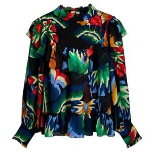 Farm Rio Smocked Ruffle Blouse Chevron Forest Print S Tropical Statement